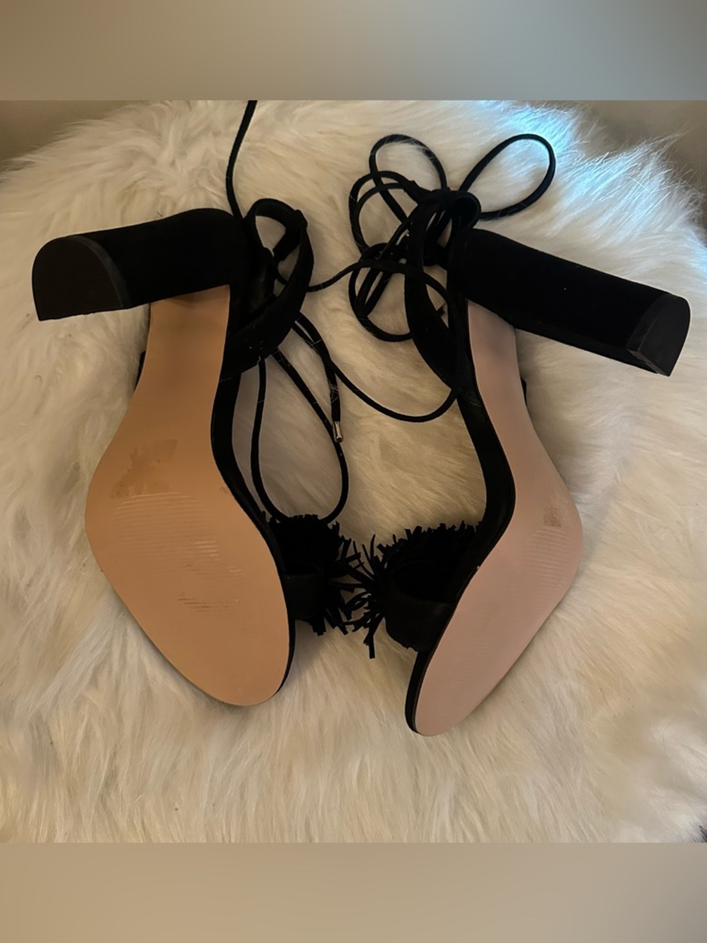 Steve Madden Black Suede Pom-Pom Lace-Up Block Heels - Picture 3 of 3